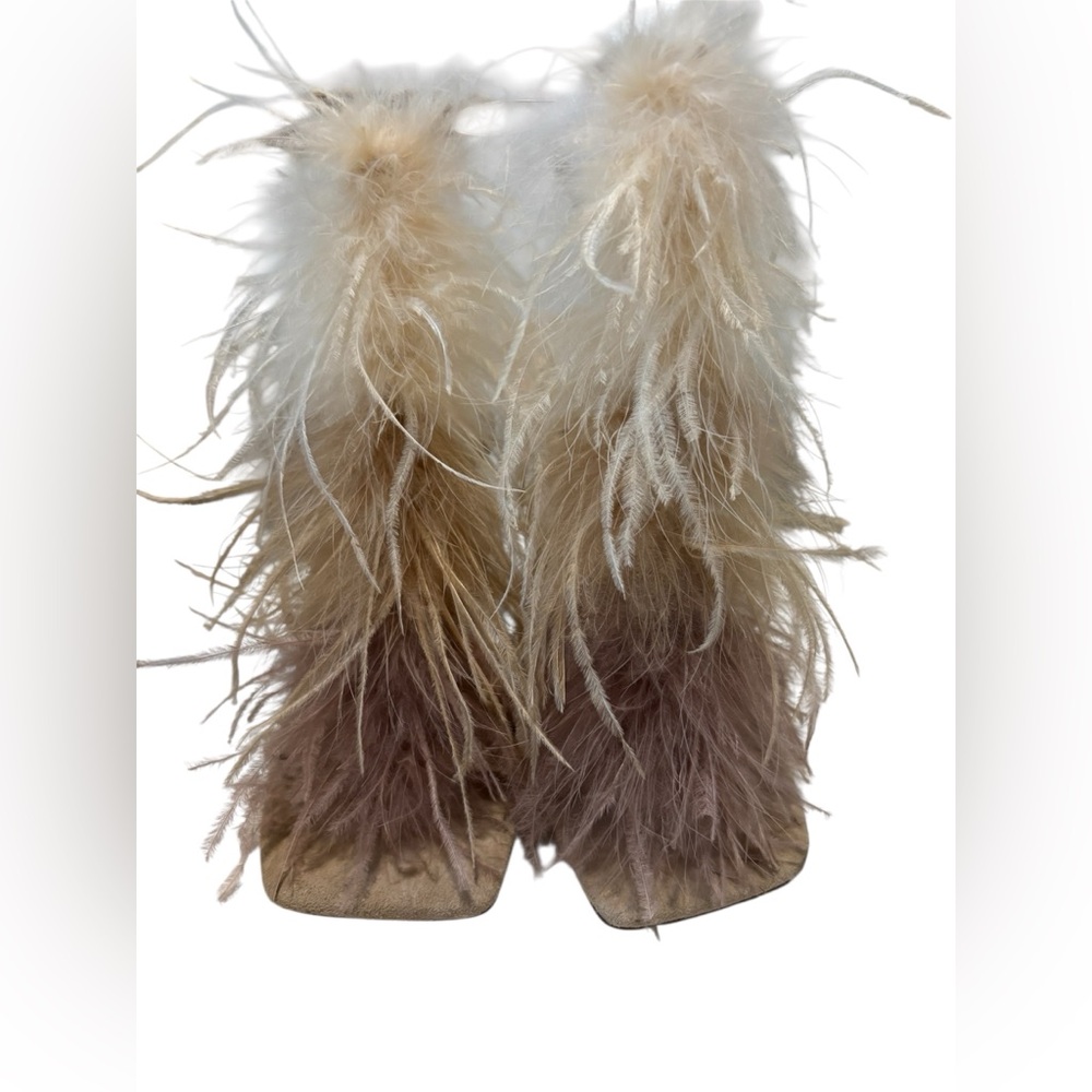 Ostrich Plume Strappy Suede Square Toe Feathered Heels 6.5